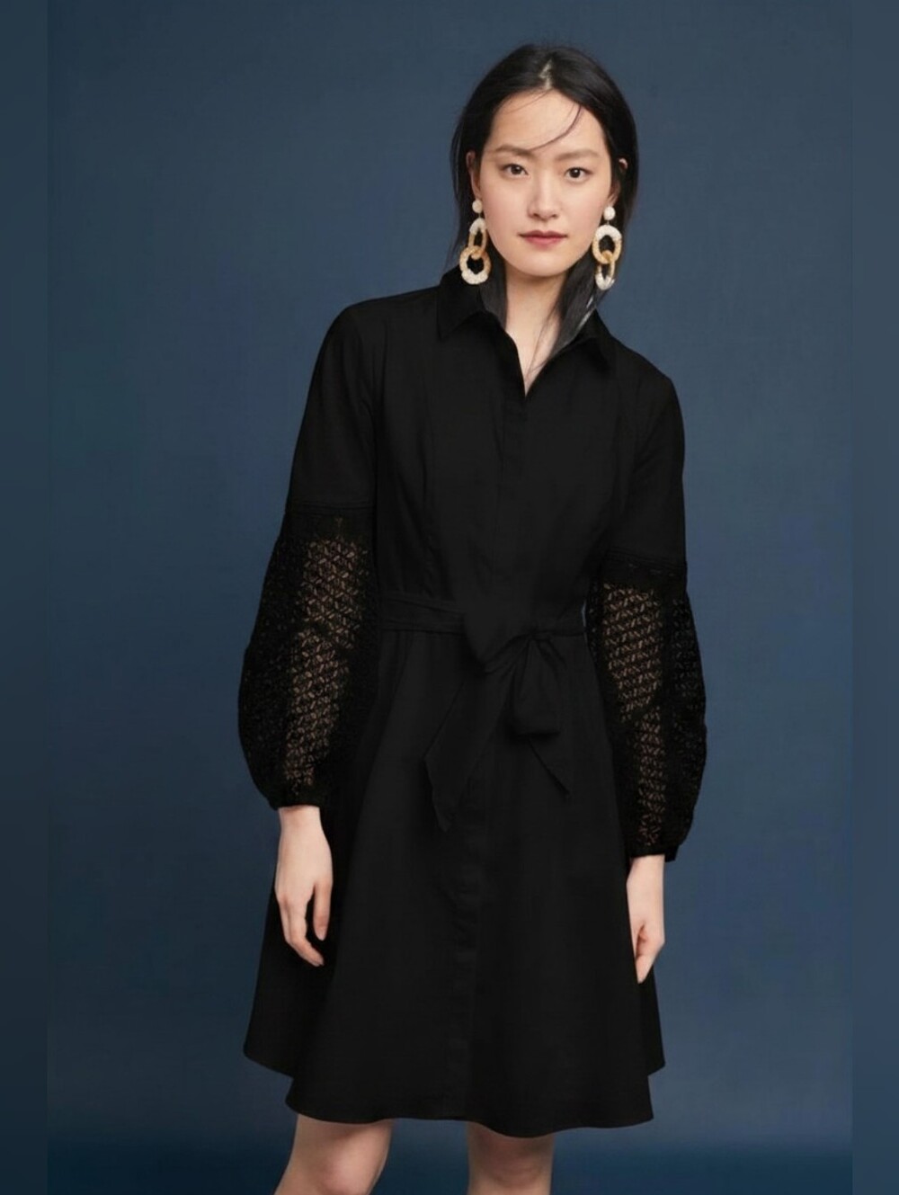 Anthropologie Adria Moss Crocheted Poplin Shirtdress Black Lace Sleeve Belted 4